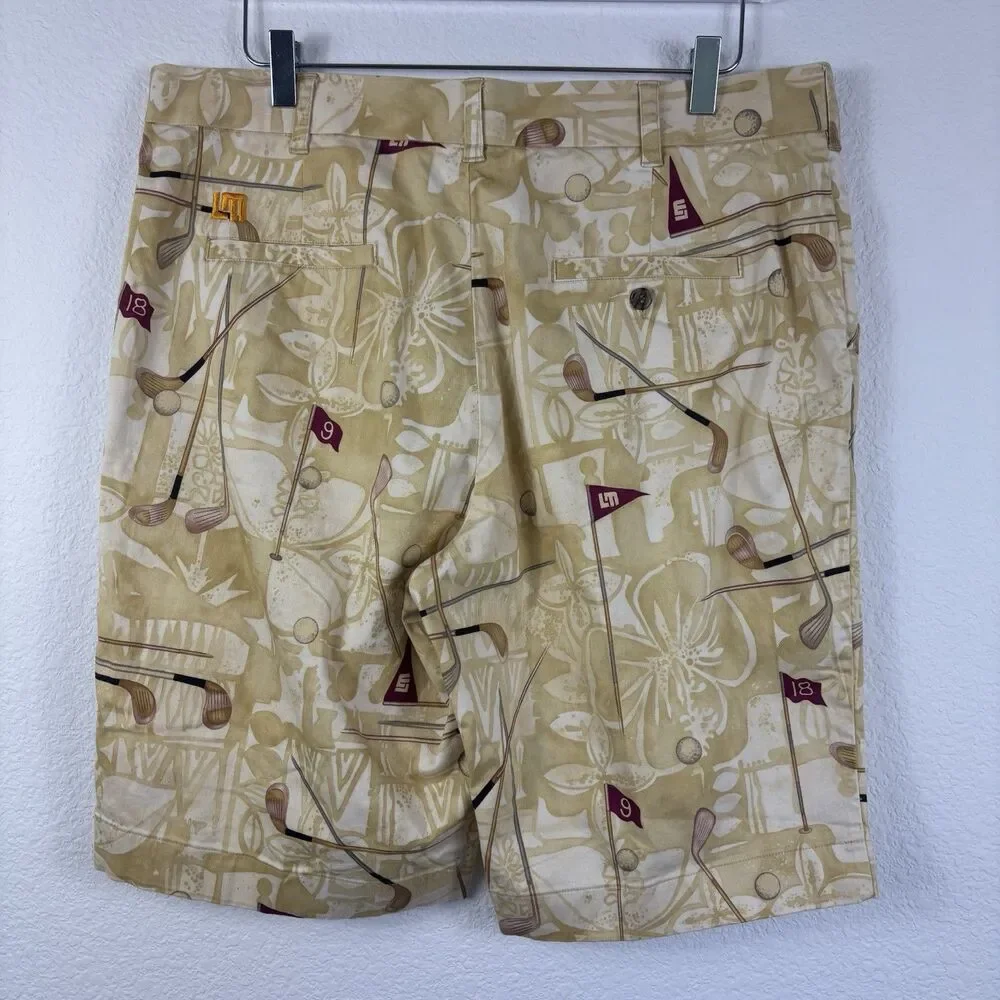 Loudmouth Men’s Golf Shorts 38 Club Print Tan Bermuda 11” Preppy Country Club